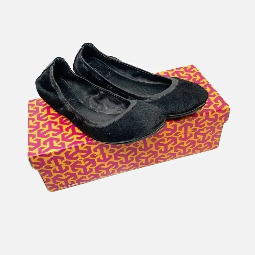 Tory Burch Eddie w/Binding- Haircalf/Mestico in Black Ballet Flats Women’s 6.5 M